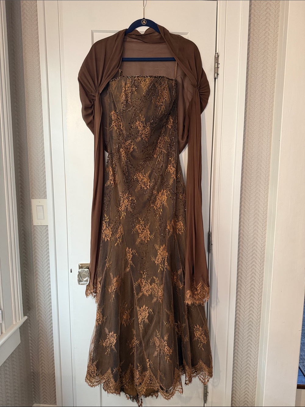 Liancarlo Mother of the bride Brown Lace Evening Gown with Matching Shawl